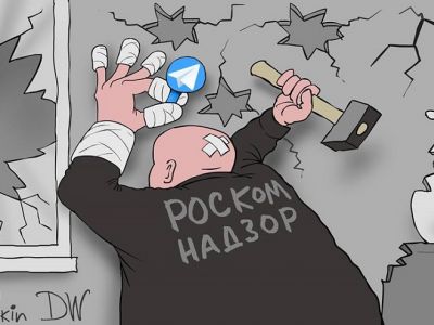 Роскомнадзор, воюющий с Телеграмом. Карикатура С.Елкина, источники - dw.com, www.facebook.com/sergey.elkin1